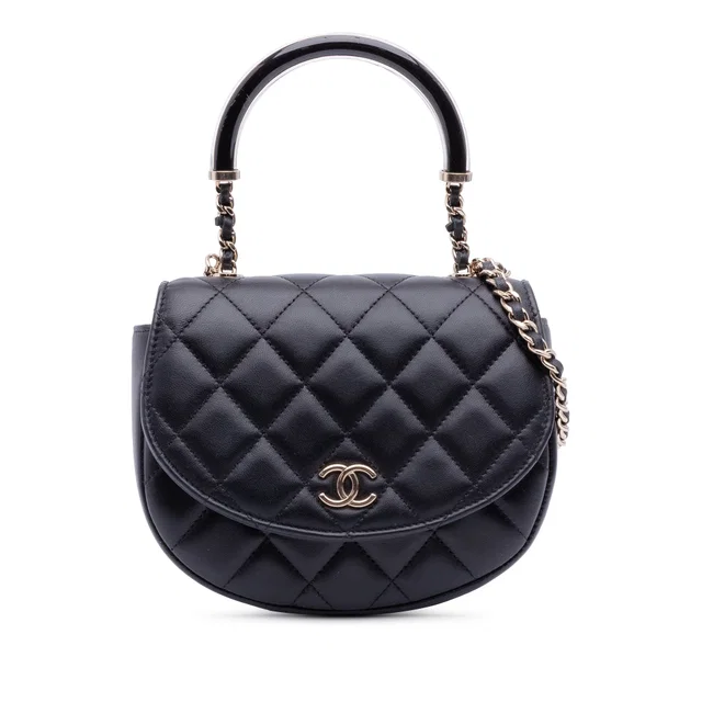 Black Chanel CC Quilted Lambskin Half Moon Top Handle Flap Satchel in Black Lambskin from Designer Revival
