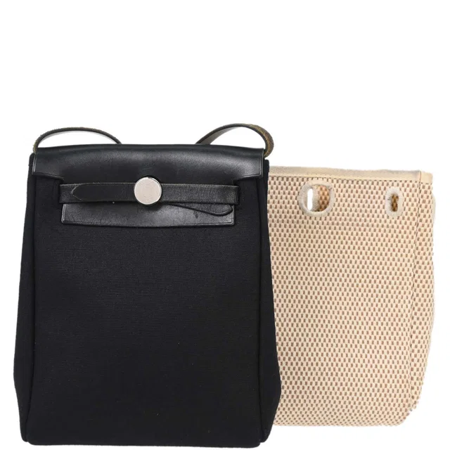 Hermès Black Natural Toile Officier GM Herbag TPM 2 in 1 Shoulder Bag in Black Leather from AMORE Vintage Tokyo