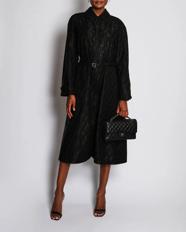 Fendi Black Logo Print Trench Coat with Belt and Silver Logo Buckle Size IT 42 (UK 10) in Black from Sellier