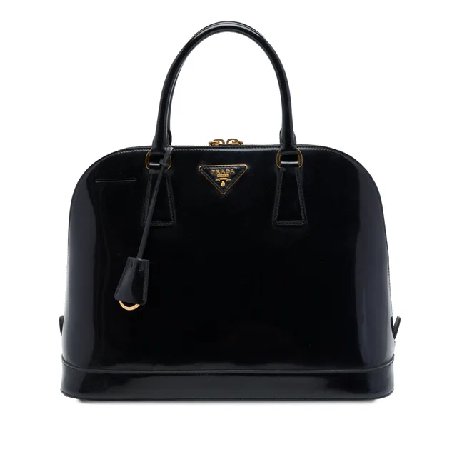 Black Prada Medium Spazzolato Leather Promenade Satchel in Black Leather from Designer Revival