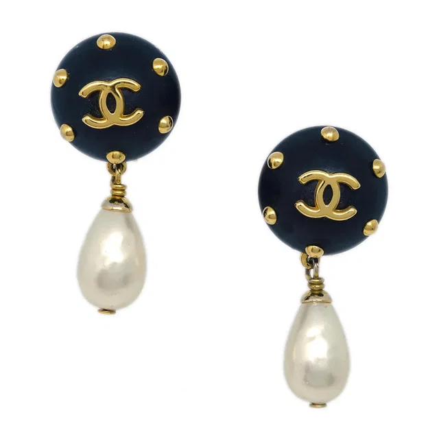 Chanel Costume Pearl Dangle Earrings Clip-On Gold 96C in Gold Resin from AMORE Vintage Tokyo