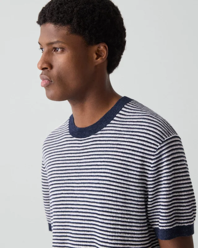 Theory Striped Tee in Pacific Linen in NEW BALTIC/WINTER IVORY 65% Linen, 23% Cotton, 12% Polyester; Exclusive Of Elastic, photo 4 of 12 from Theory