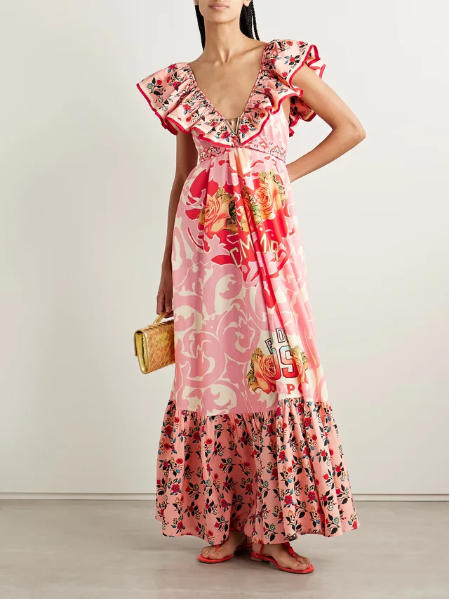 CAMILLA Belted embellished ruffled printed organic cotton-poplin maxi dress in Pink, photo 2 of 2 from NET-A-PORTER (Canada)
