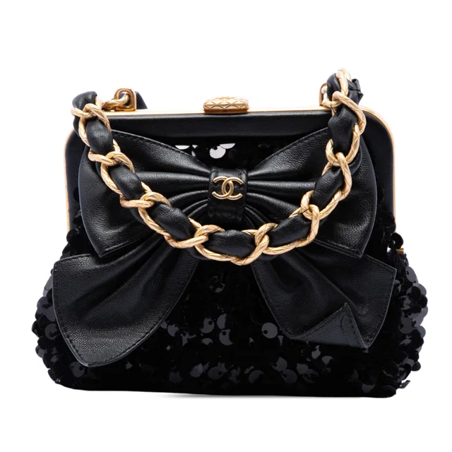 Black Chanel Tweed and Lambskin Sequin Bow Clutch With Chain Crossbody Bag in Black Lambskin from Designer Revival