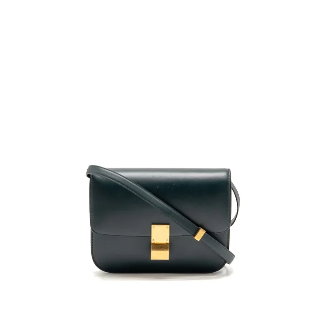 Celine Medium Classic Box Bag Calfskin Dark Green GHW in Green Calfskin from EMIER