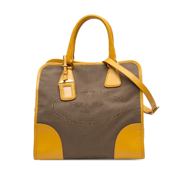 Brown Prada Saffiano Trimmed Canvas Canapa Logo Satchel in Brown Saffiano leather from Designer Revival