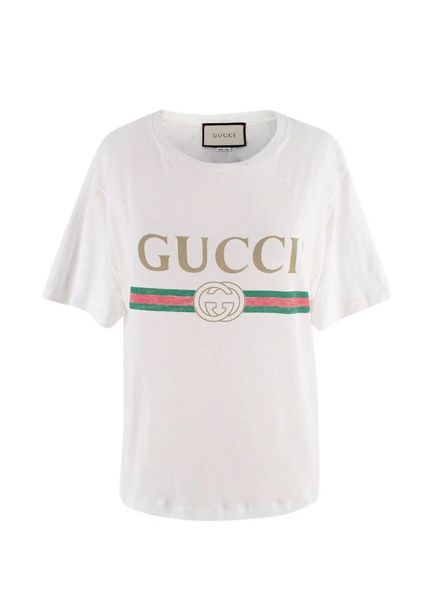 Gucci White Washed Logo Distressed Neckline T-Shirt in White from HEWI