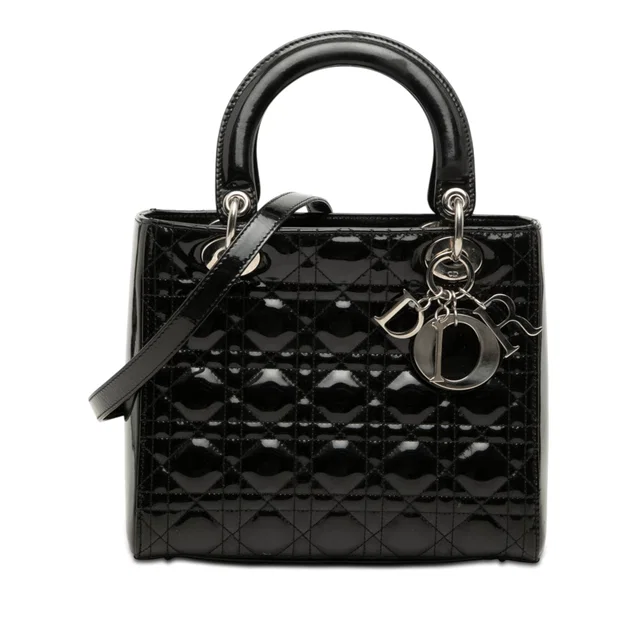 Black Dior Medium Patent Cannage Lady Dior Satchel in Black Patent leather from Designer Revival