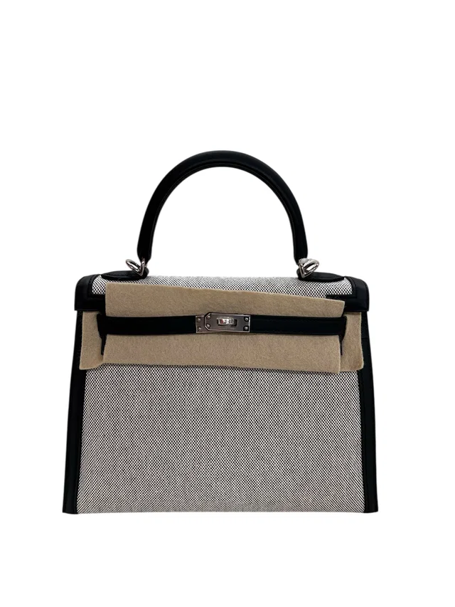 Hermès Kelly 25 Black Swift / Toile H PHW #K in Black Swift leather from Luxury Promise