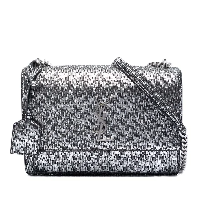 Silver Saint Laurent Medium Metallic Woven Leather Monogram Sunset Crossbody in Silver Woven leather from Designer Revival