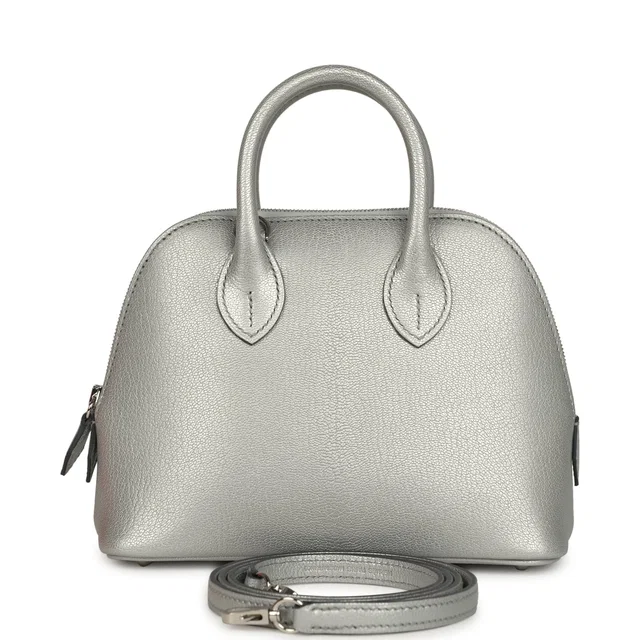 Hermès 1923 Bolide Mini Argent Chevre Mysore Palladium Hardware in Silver Goatskin from Madison Avenue Couture