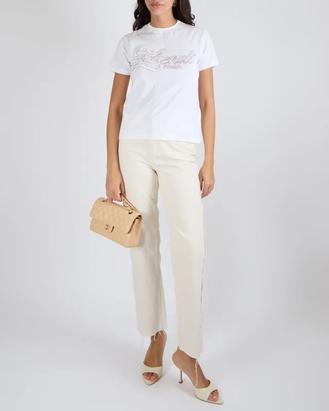 Fendi White Short-Sleeved T-Shirt with White and Beige Embroidered Logo Size XS (UK 6) in White from Sellier