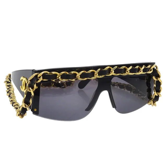 Chanel Chain Sunglasses Eyewear Black Small Good in Black Resin from AMORE Vintage Tokyo