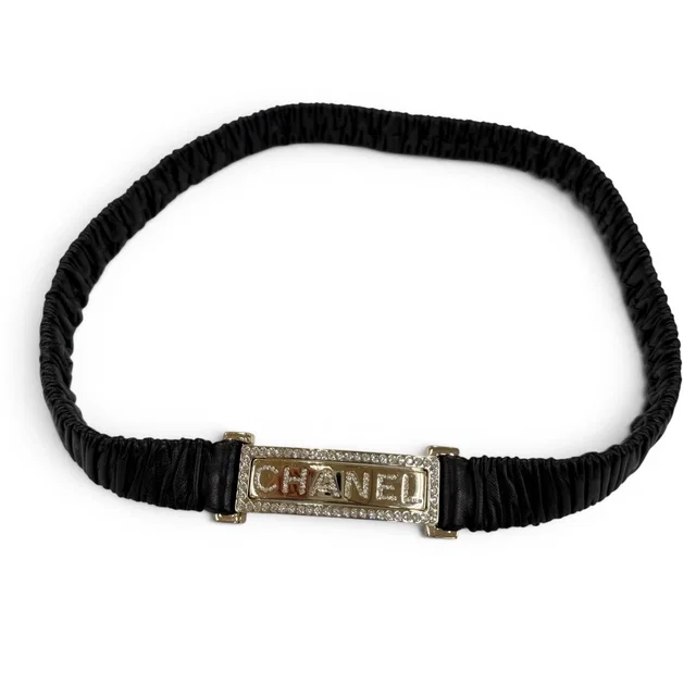 Chanel 23c Logo Buckle Rhinestone Leather Belt Black Gold in Black Leather from The Reluxe