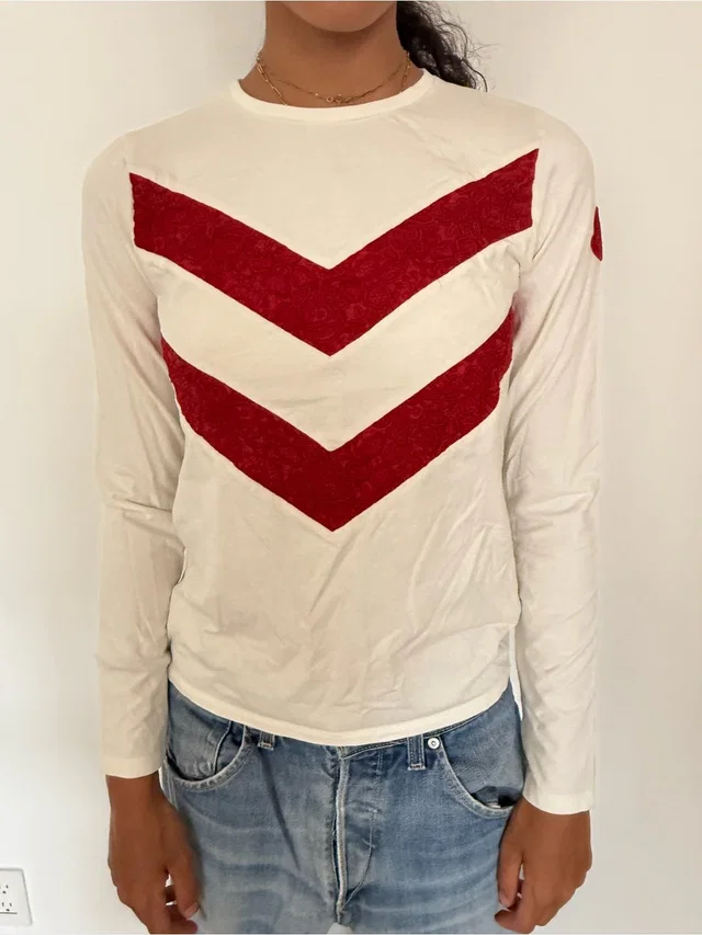 Moncler White Long-Sleeve Top With Red Chevron Stripes in red|white from Poshmark, photo 1 of 1