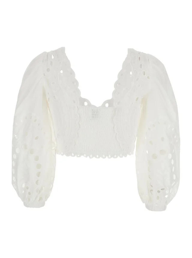 Charo ruiz 'Luna' White Top with Deep Neckline and Intricate Embroidery in Cotton Blend for Women in White 90% Cotton 10% Polyester, photo 2 of 5 from Gaudenzi Boutique