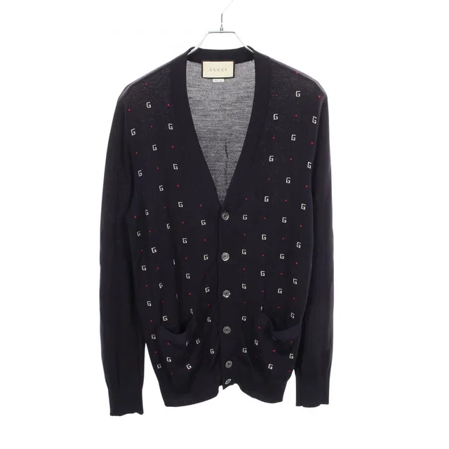 Gucci Cardigan Logo All Over Pattern Wool Navy in Navy Wool from The Reluxe