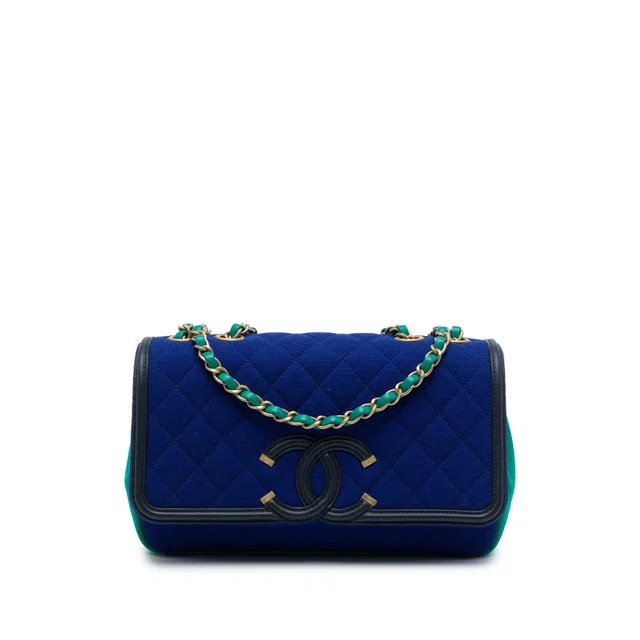 Blue Chanel Medium Tricolor Jersey CC Filigree Flap Crossbody Bag in Blue Leather from Designer Revival