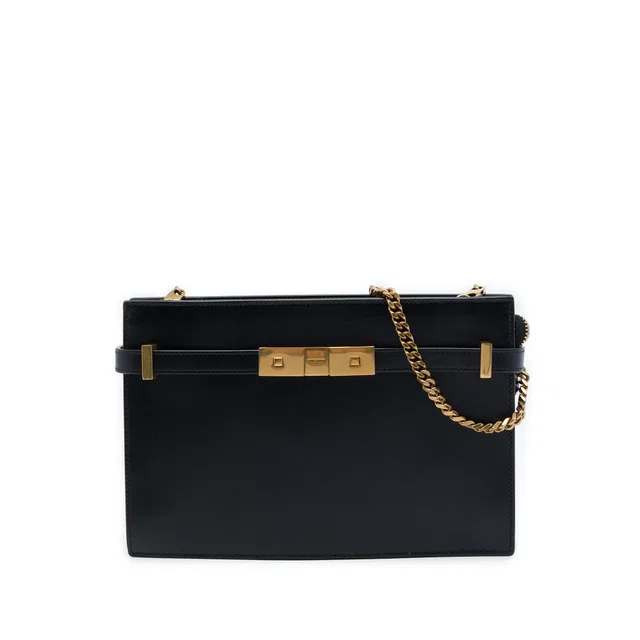 Black Saint Laurent Smooth Calfskin Manhattan Clutch with Chain Crossbody Bag in Black Calfskin from Designer Revival
