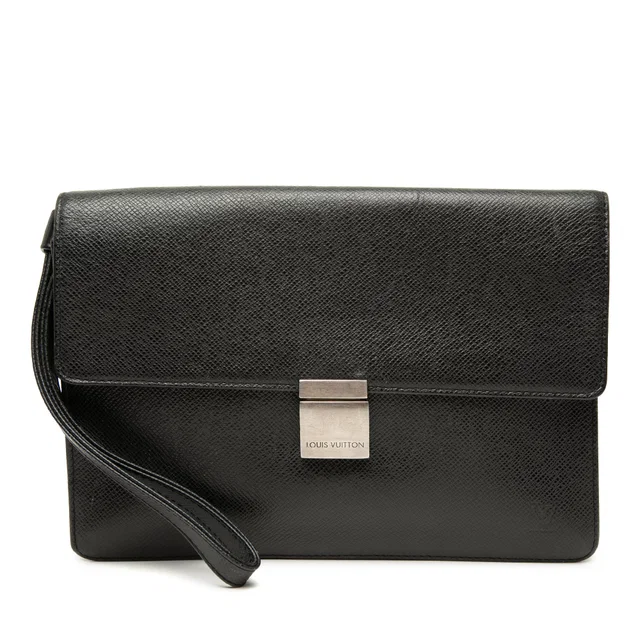 Black Louis Vuitton Taiga Selenga Clutch Bag in Black Leather from Designer Revival