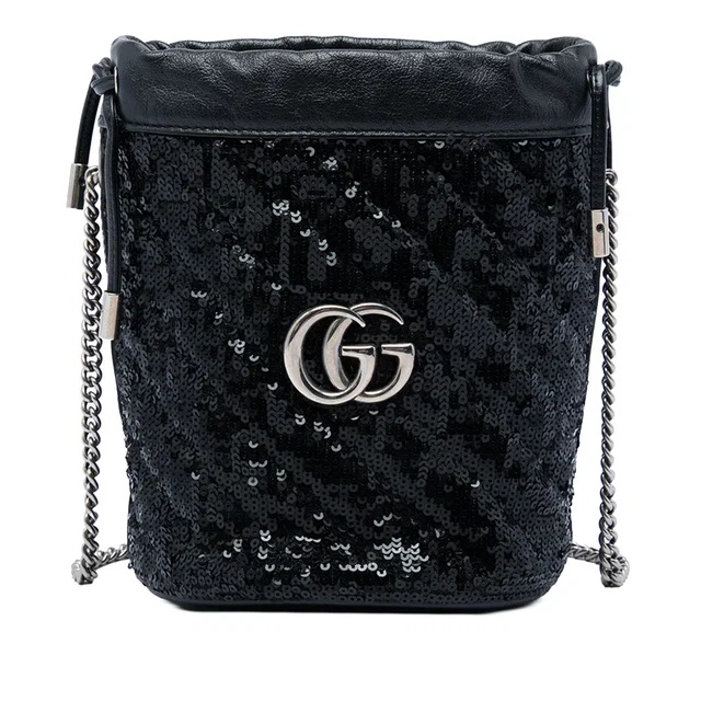 Black Gucci Small GG Marmont Sequined Diagonal Matelasse Calfskin Bucket Bag in Black Calfskin from Designer Revival
