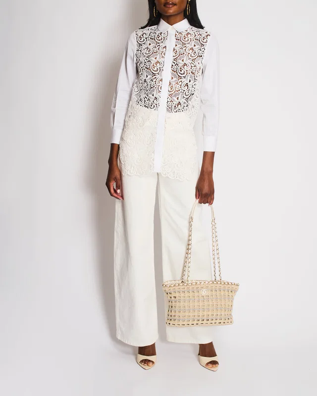 Celine White Cotton Poplin Long Sleeve Shirt with Macrame Front Detail Size FR 38 (UK 10) in White from Sellier
