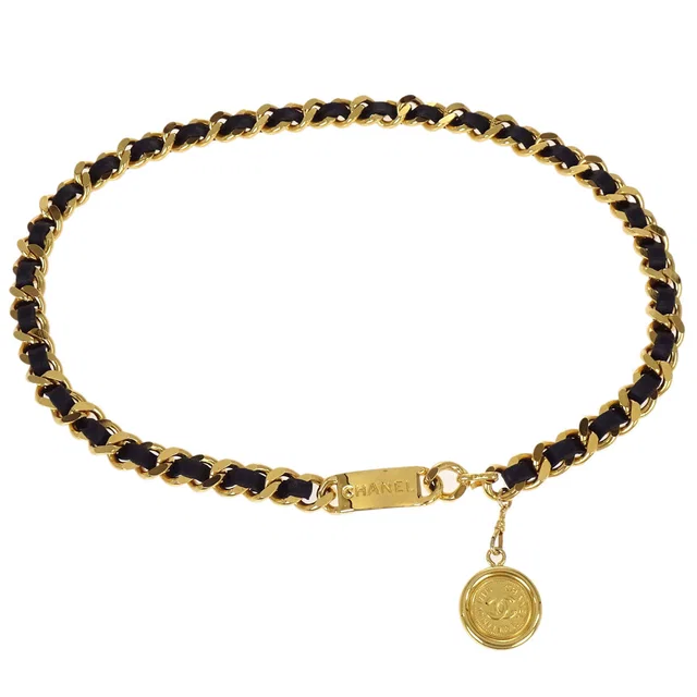 Chanel Chain Belt Medallion Gold Black 94A Small Good in Black Leather from AMORE Vintage Tokyo
