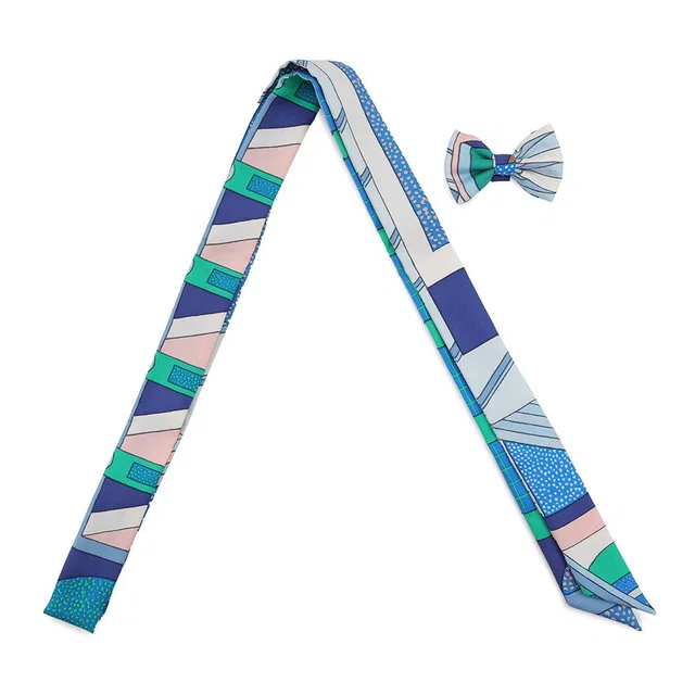 Hermès Twillon with ribbon Blue/Green/White Silk100% in White from GALLERY RARE