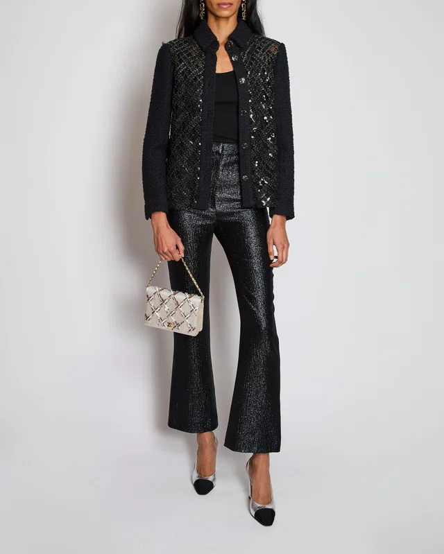 RUNWAY* Chanel 23/S Black Sequin Checkered Tweed Jacket with CC Button Detail Size FR 36 (UK 8) in Black Tweed from Sellier