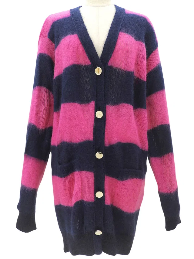 Versace Border Pattern Cardigan Pink/Navy #40 in Navy Nylon from VINTAGE QOO TOKYO
