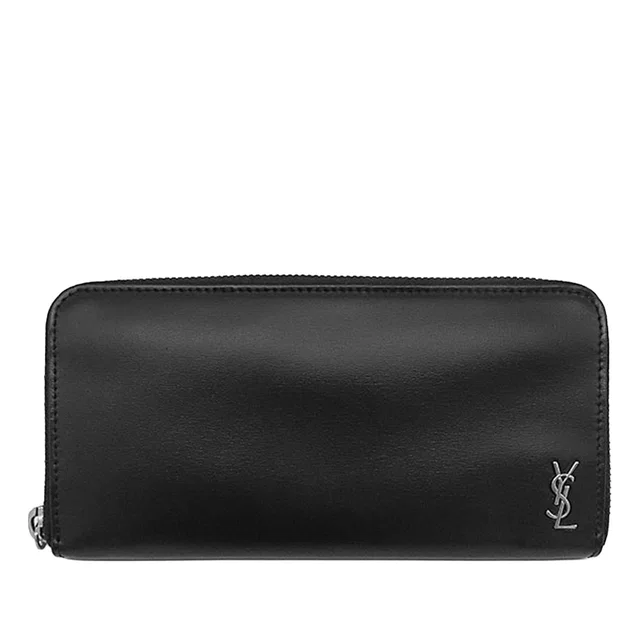 Black Saint Laurent Leather Tiny Cassandre Zip Around Long Wallet in Black Leather from Designer Revival