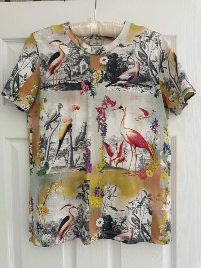Etro Women T-Shirt Floral & Bird Print Tee - Multicolor in yellow|pink from Poshmark