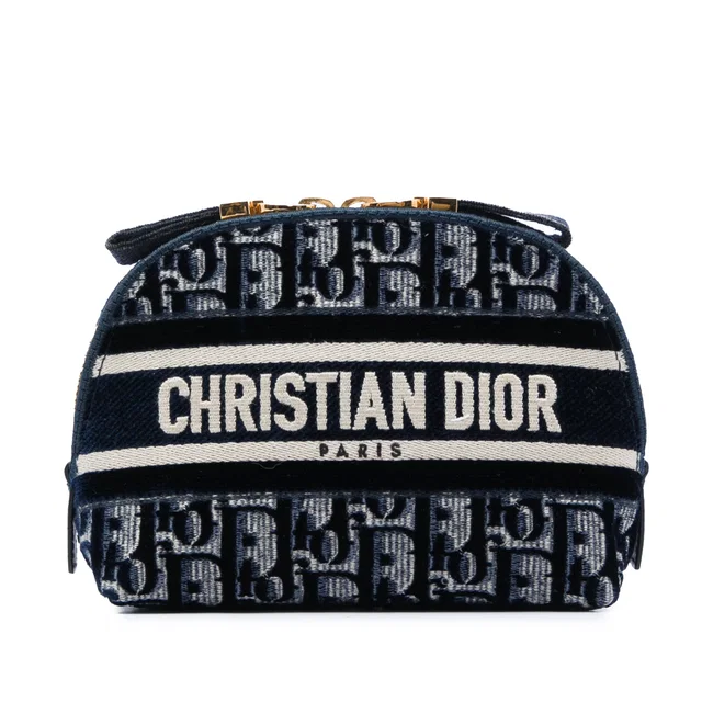 Blue Dior Oblique Embroidered Velvet Cosmetic Pouch in Blue Velvet from Designer Revival