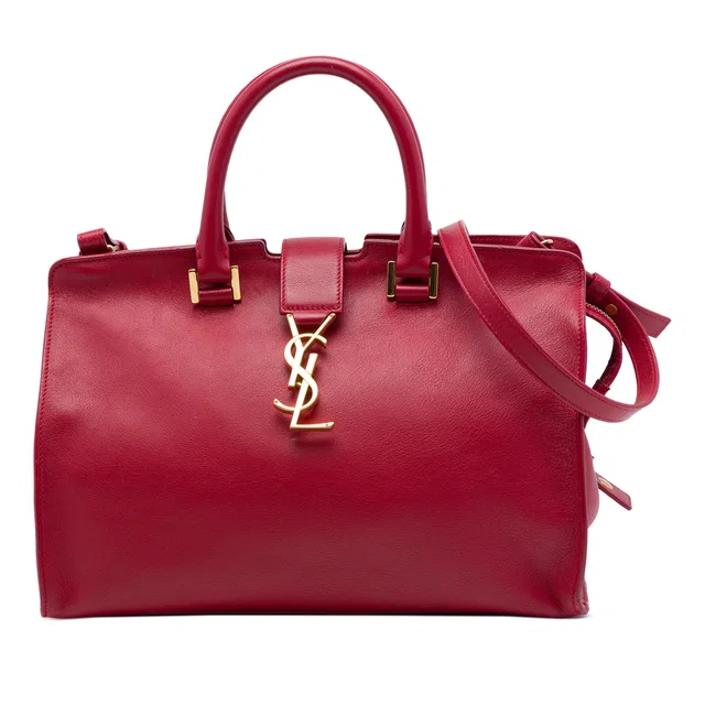 Red Saint Laurent Small Leather Monogram Downtown Cabas Satchel in Red Leather from Designer Revival