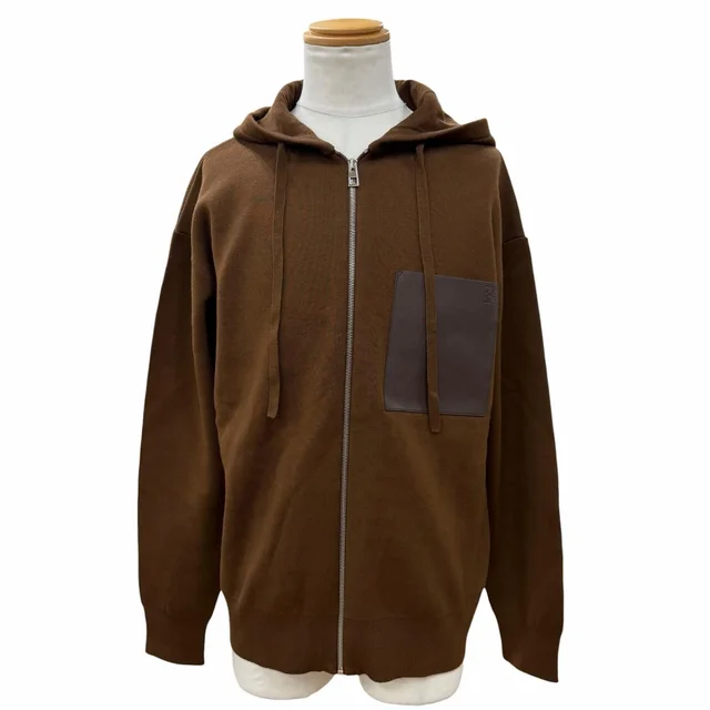 Loewe 98% Wool Anagram Logo Leather Zip Hoodie Brown in Brown Wool from The Reluxe
