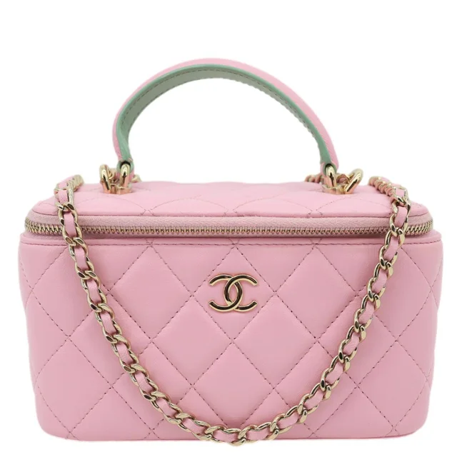 Chanel Vanity Case Small Quilted Leather Top Handle Chain Shoulder Bag Pink in Pink Leather from Dallas Designer Handbags