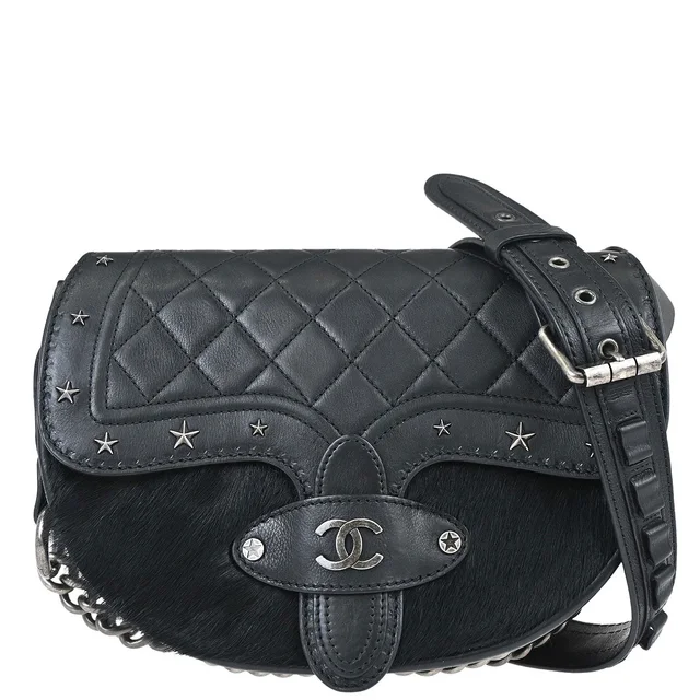 Chanel 2014 Black Calfskin Pony Hair Paris-Dallas Saddle Shoulder Bag in Black Calfskin from AMORE Vintage Tokyo