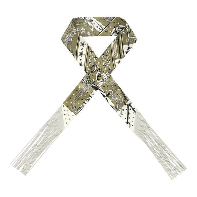 Hermès "Bandana" Kaki, Blanc, Black Fringe Silk Twilly in Black Silk from Madison Avenue Couture