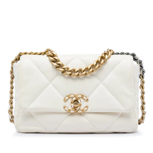 White Chanel Medium Lambskin 19 Flap Satchel in White Lambskin from Designer Revival