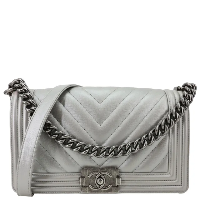 Chanel Boy Flap Medium Chevron Quilted Metallic Caviar Leather Crossbody Bag Silver in Silver Caviar leather from Dallas Designer Handbags