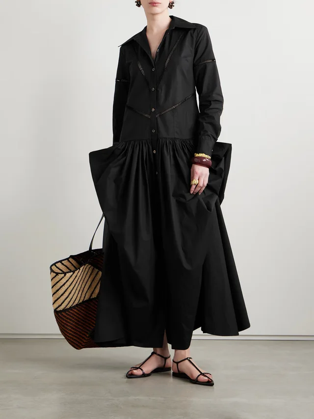 DIOTIMA Ritual crochet-trimmed gathered cotton-poplin midi shirt dress in Black, photo 2 of 2 from NET-A-PORTER (Canada)