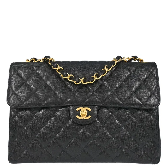 Chanel 1997-1999 Black Caviar Skin Jumbo Classic Flap Shoulder Bag in Black Caviar leather from AMORE Vintage Tokyo