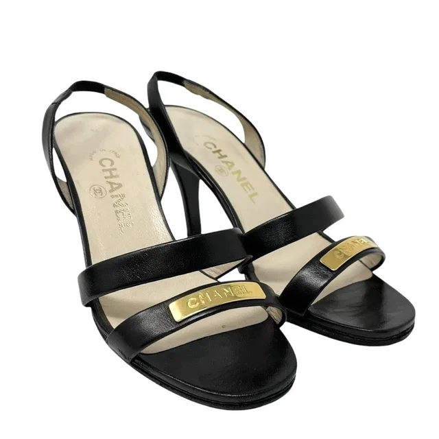 Chanel Vintage 98P CC Logo Heels Mules Sandals #36.5-37 Black Gold Leather in Black Leather from Luxury Promise