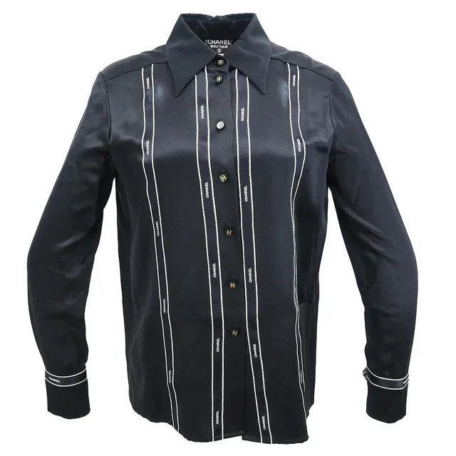 Chanel 1994 Blouse Shirt Black #40 in Black Silk from AMORE Vintage Tokyo