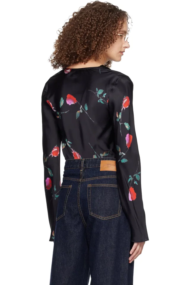 GANNI Black Printed Satin Blouse, photo 3 of 5 from SSENSE