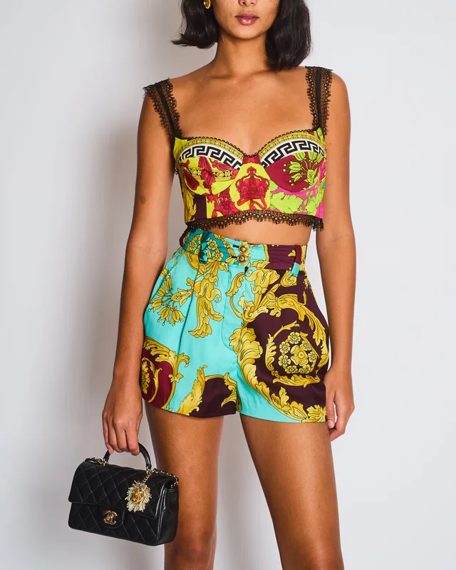 Versace Yellow, Black, Brown Medusa Pattern Bustier and Shorts Set with Lace & Gold Button Details… in Black from Sellier