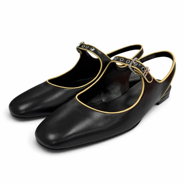 Hermès Cleo H Buckle Square Toe Leather Ballet Shoes Black in Black Leather from The Reluxe