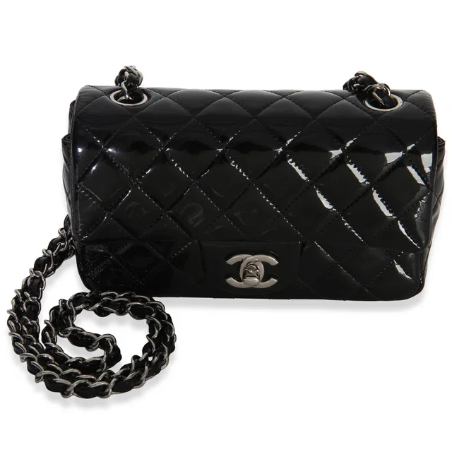 Chanel Black Quilted Patent Mini Rectangular Flap Bag in Black Patent leather from myGemma