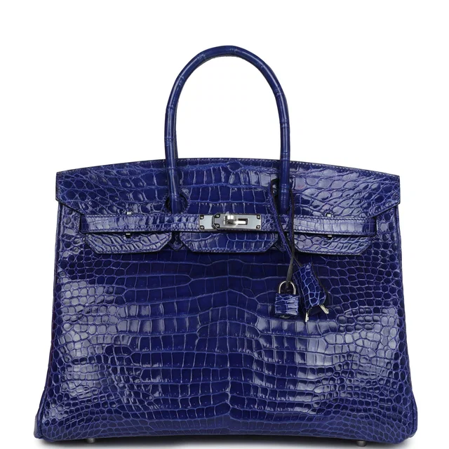 Hermès Birkin 35 Bleu Electric Shiny Porosus Crocodile Palladium Hardware in Blue Crocodile from Madison Avenue Couture