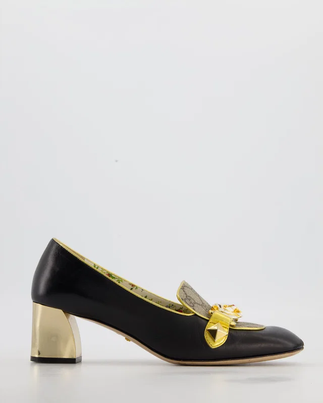 Gucci Malaga Black Leather Pumps with Tiger Head Buckle and GG Supreme Canvas Detail Size EU 38 in Black Canvas from Sellier